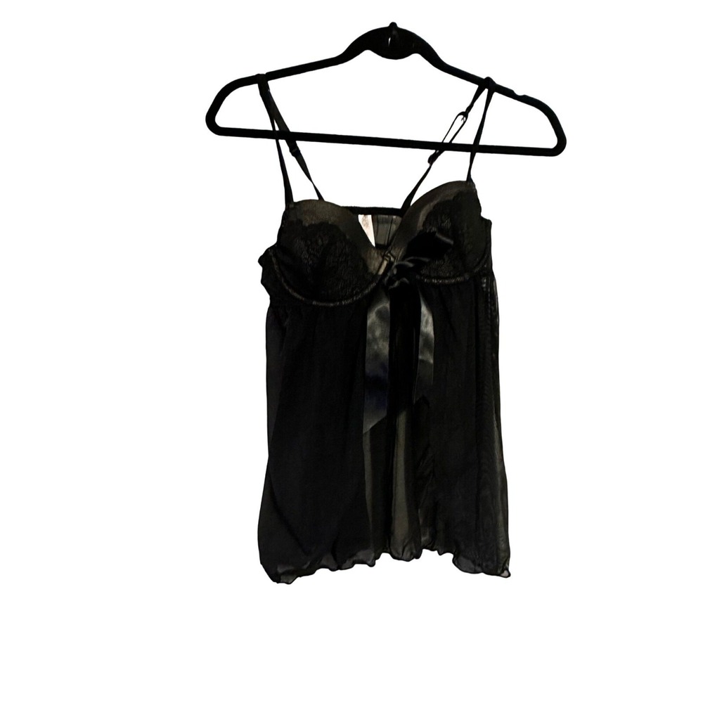 Gilligan & O'Malley Babydoll Chemise Lace Mesh Black Satin Bow Medium‎ Coquette